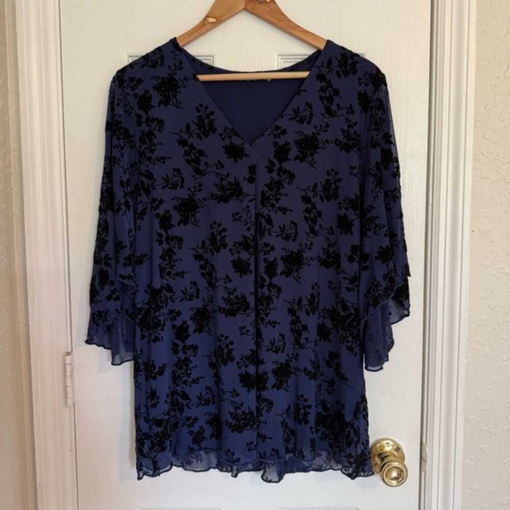 Bebonnie Blue Floral Women's Blouse Velvet Sheer Sleeve Large